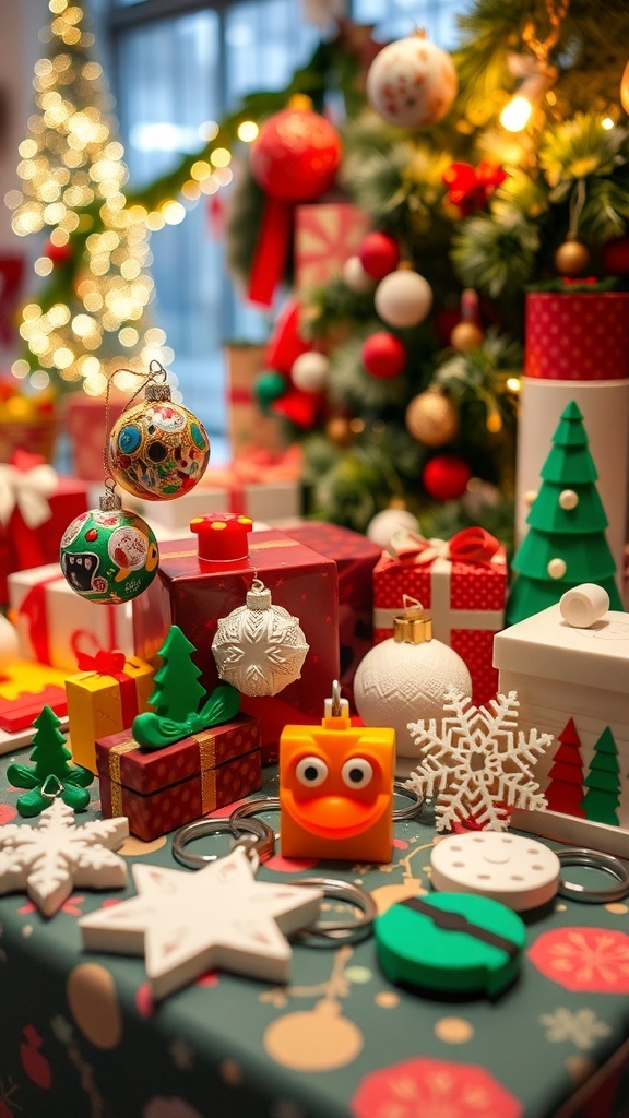 3D Printed Christmas Gift Ideas A variety of 3D printed Christmas gifts including ornaments and gadgets on a festive table.